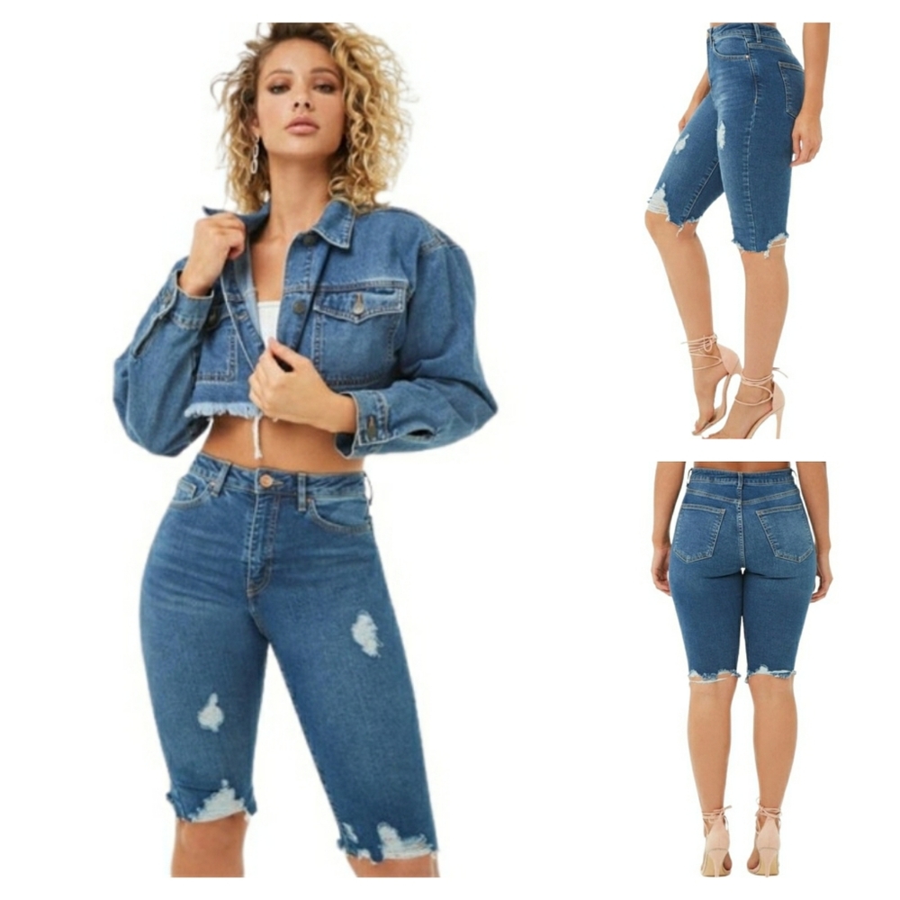 FOREVER 21 High Rise Distressed Denim Bermuda Shorts Size 26 NWT